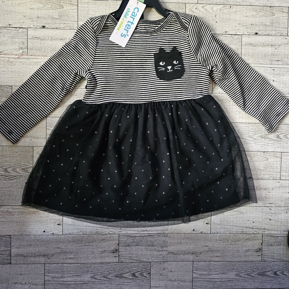 Carter's Girls Size 6/9 Months Black and White Striped Cat Dress, With Bloomers
